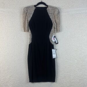 NWT Xscape Womens Black Beaded Half Sleeve Boat Neck Fitted Knee Dress Size 8